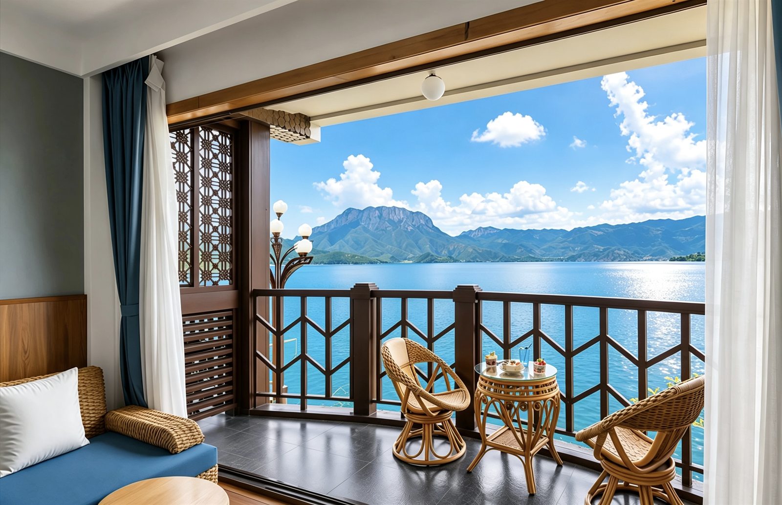 湖景阳台的藤椅与茶桌